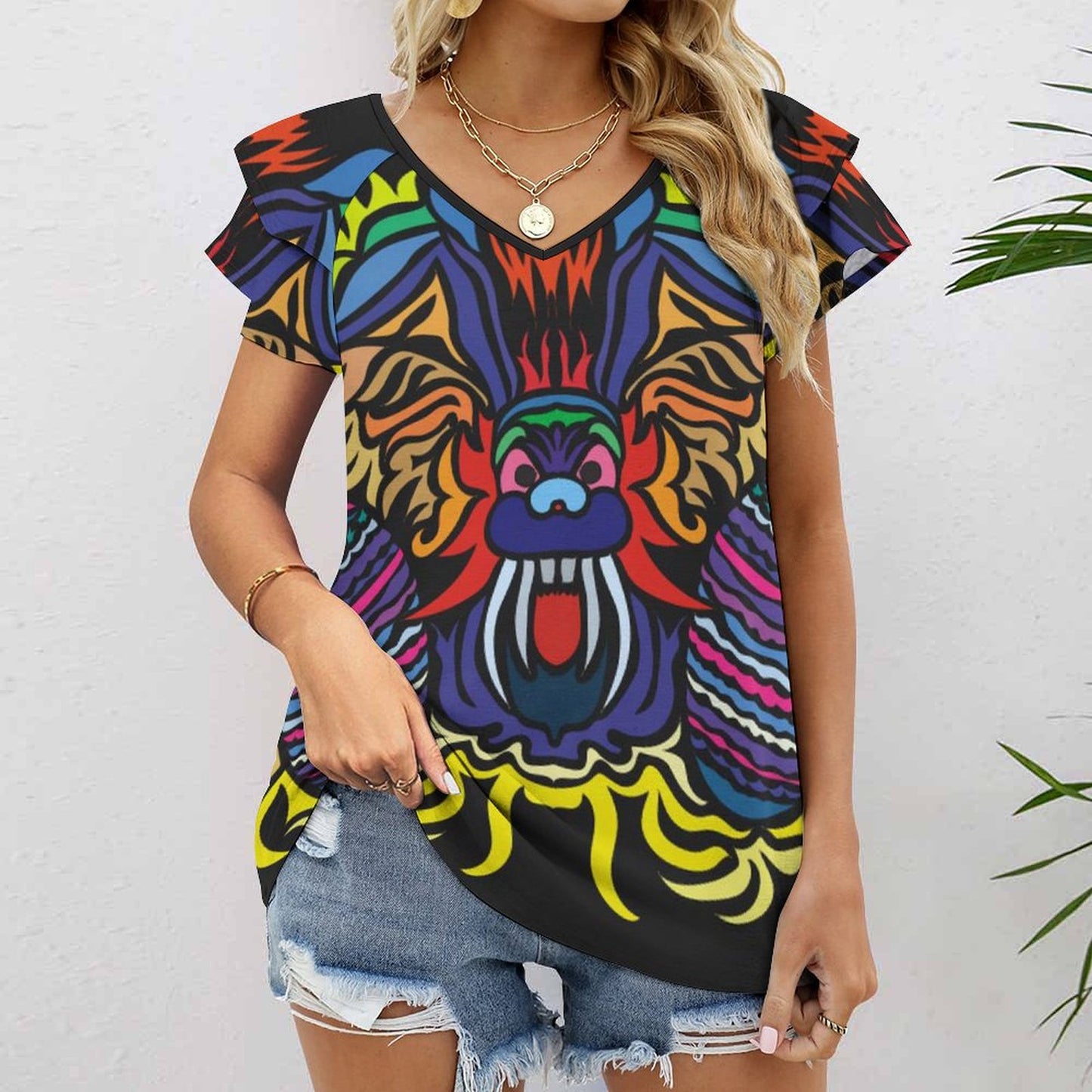 Custom Ruffle V-Neck T-Shirt (BUT) | All-Over Print Women's Top