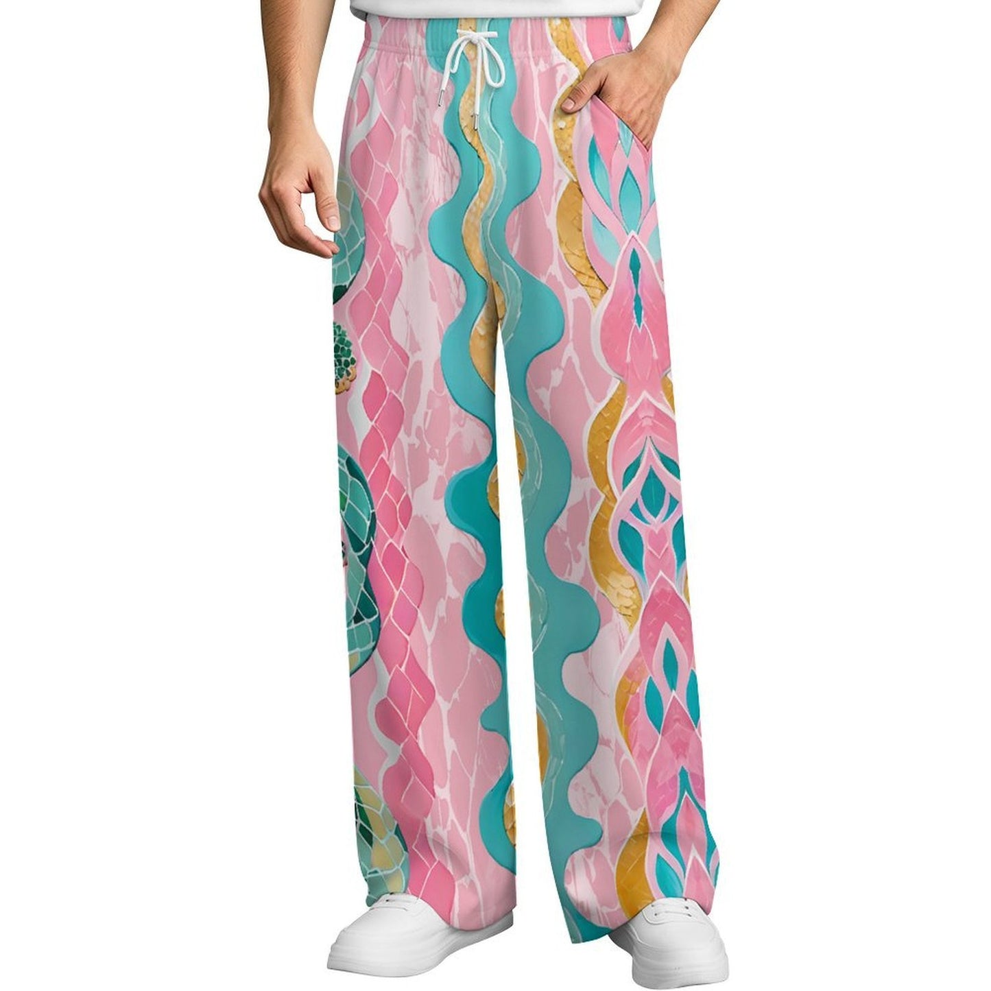 Men's Drawstring Wide Leg Casual Pants with Custom Graphic Printing