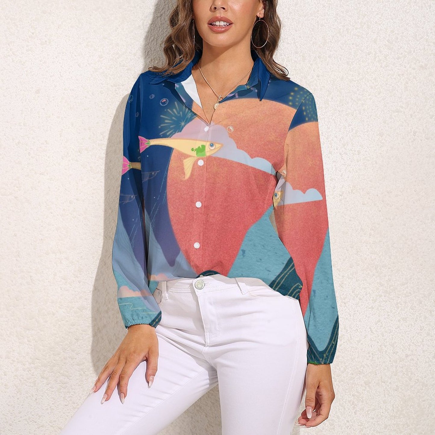 Custom Women's Retro V-Neck Blouse | Personalized Long Sleeve Top