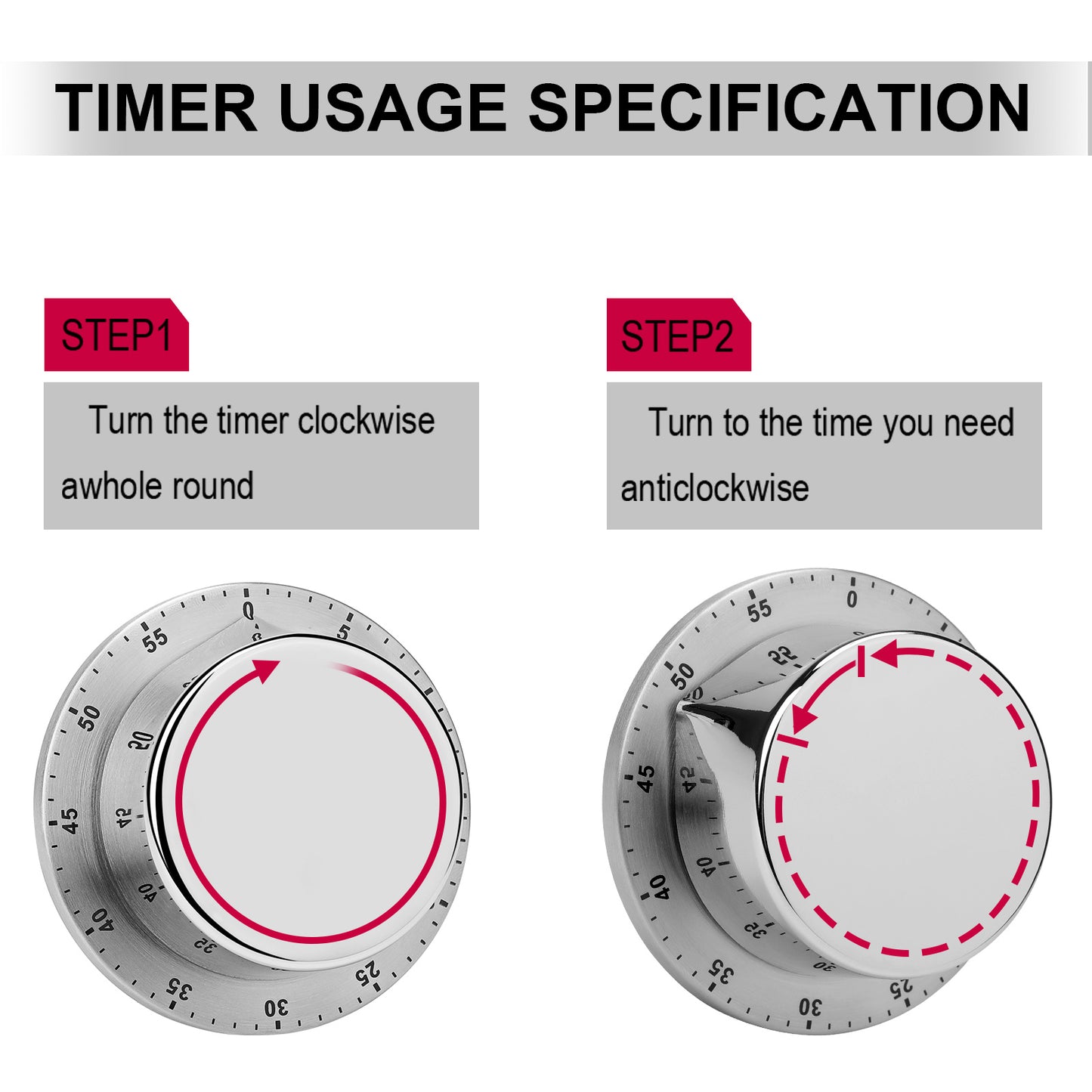 Magnetic Kitchen Timer Stainless Steel Custom Print | Mechanical 55-Min