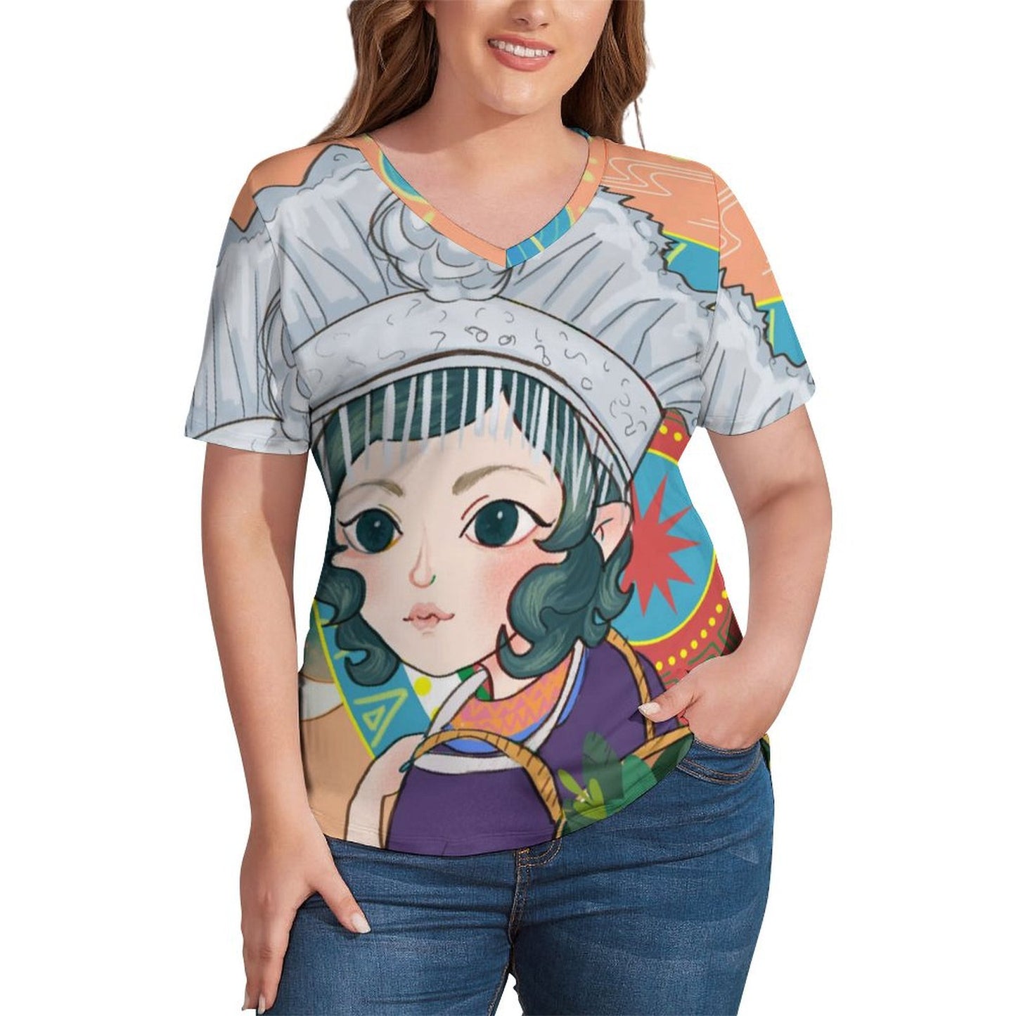 Custom V-Neck T-Shirt with Photo | Personalized Ice Silk Tee for Women