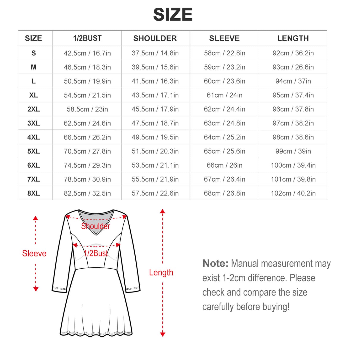 Custom Plus Size V-Neck Dress | Long Sleeve Midi T-Shirt Dress (S-8XL)