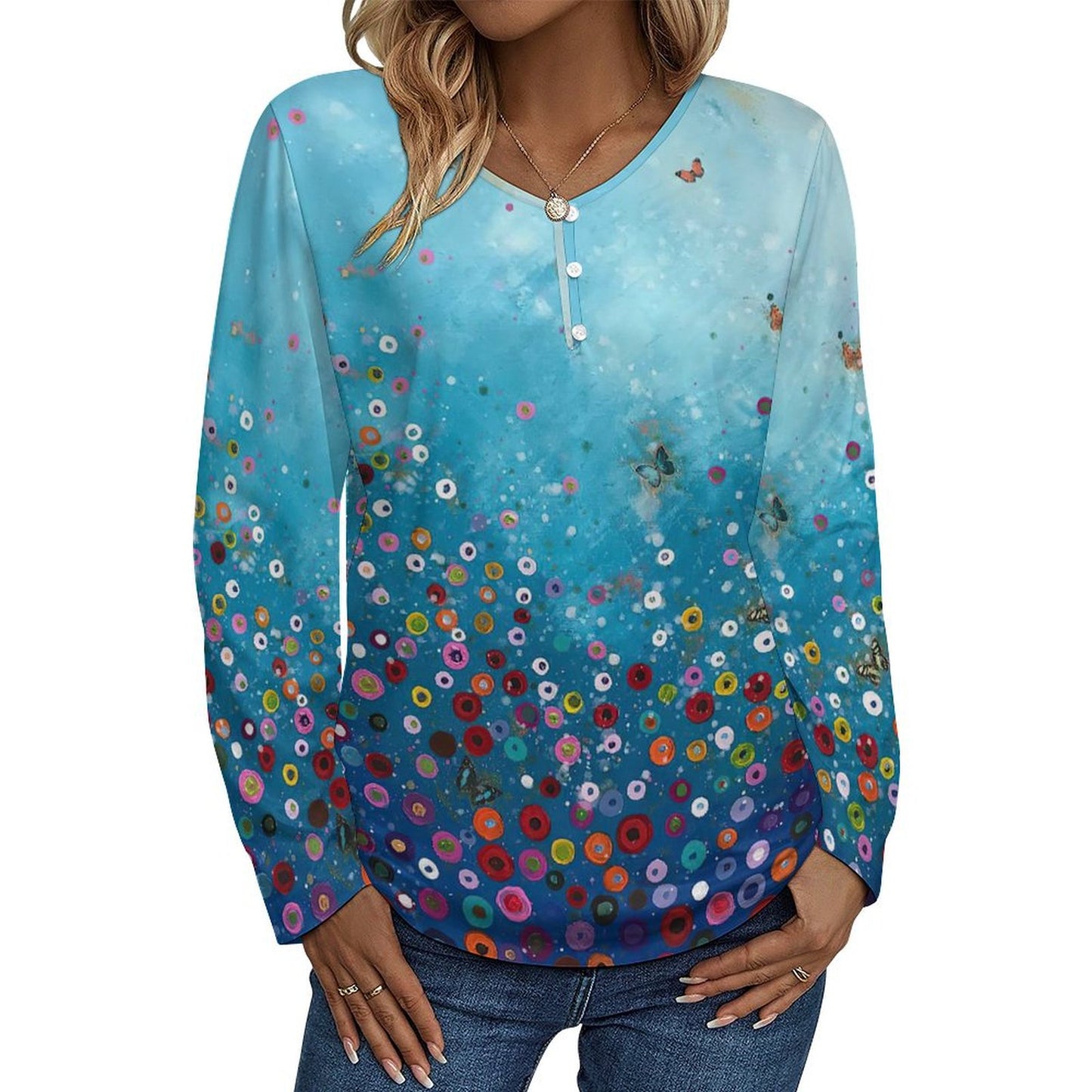 Custom Women's Henley Shirt | Personalized V-Neck Long Sleeve Top