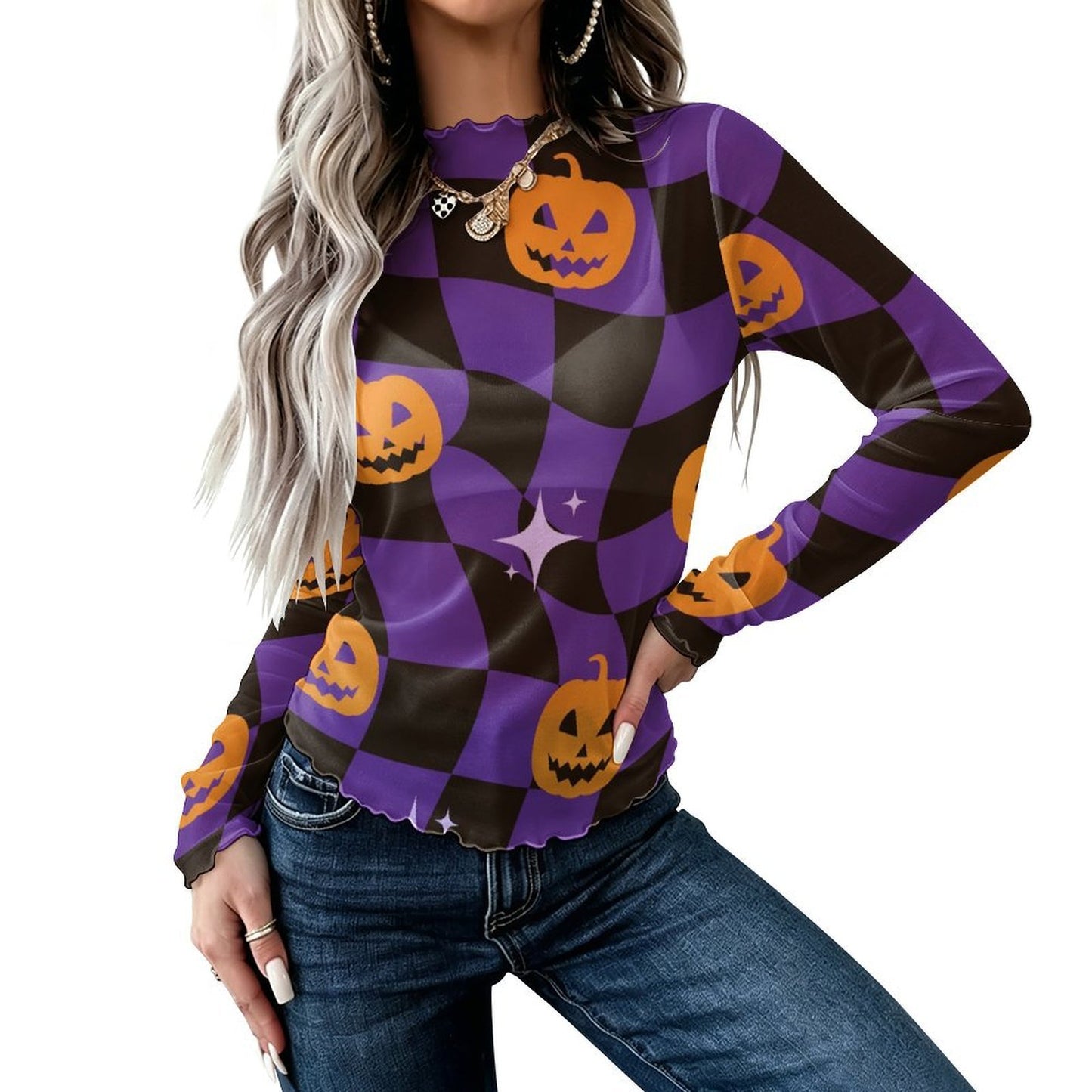 High Neck Long Sleeve Mesh Top for Women