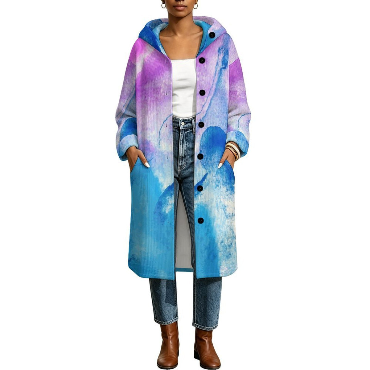 Women's Long Fleece-Lined Hooded Coat with Custom Print