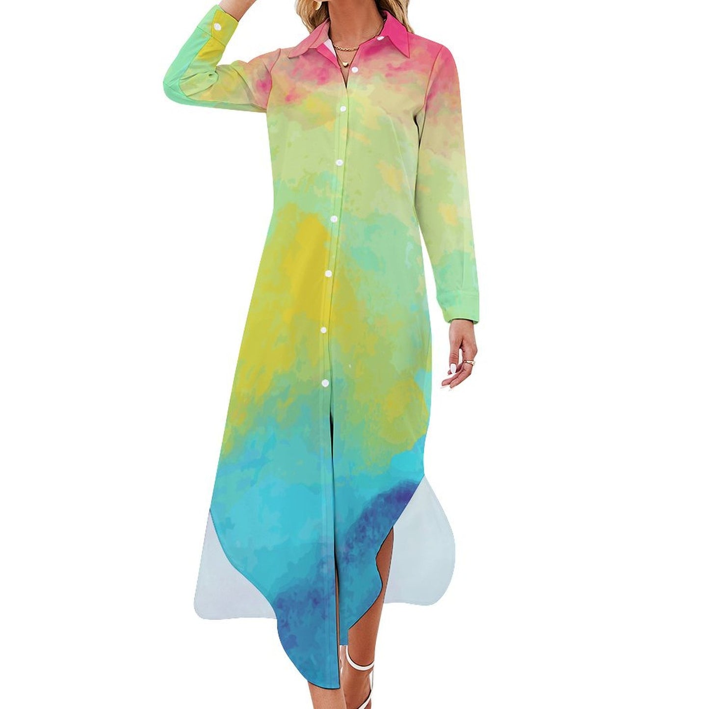 Custom Print Shirt Dress | Personalized Long Sleeve Button-Down Dress