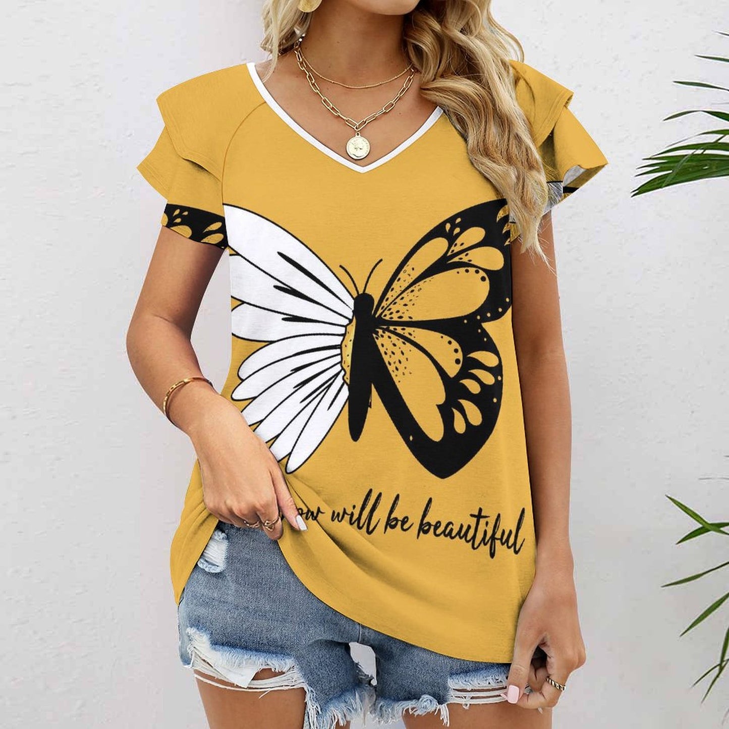 Custom Ruffle Sleeve V-Neck Tee | UPF 50+ Personalized Top