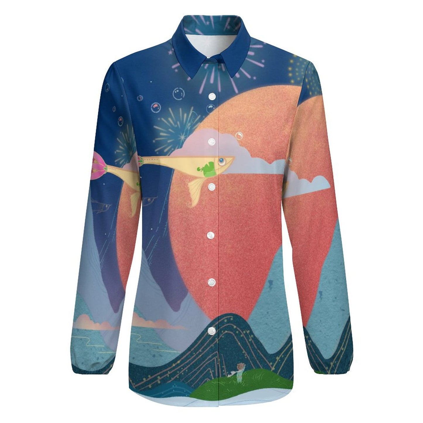 Custom Women's Retro V-Neck Blouse | Personalized Long Sleeve Top