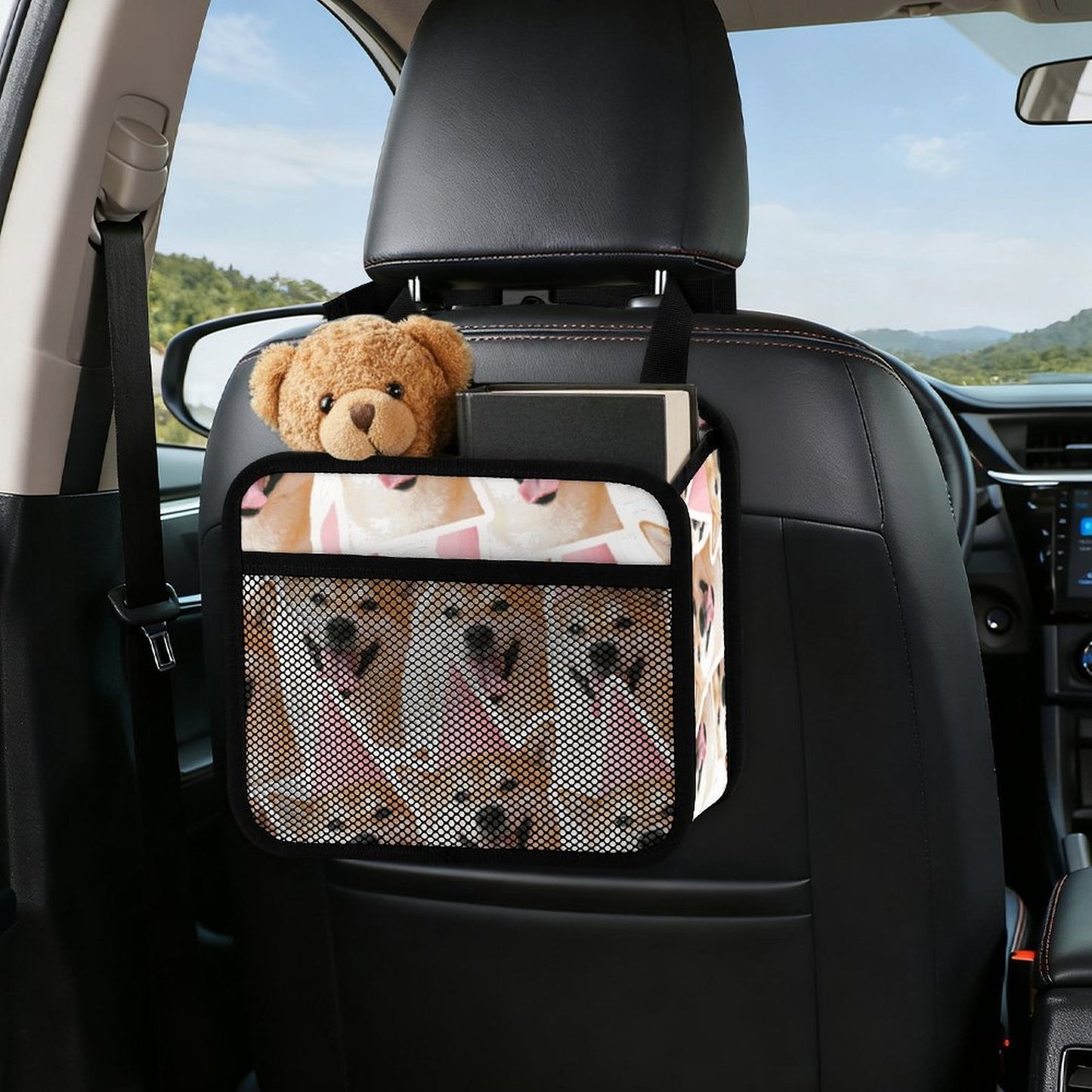 Custom Car Seat Organizer with Mesh Pockets and Reinforced Handles