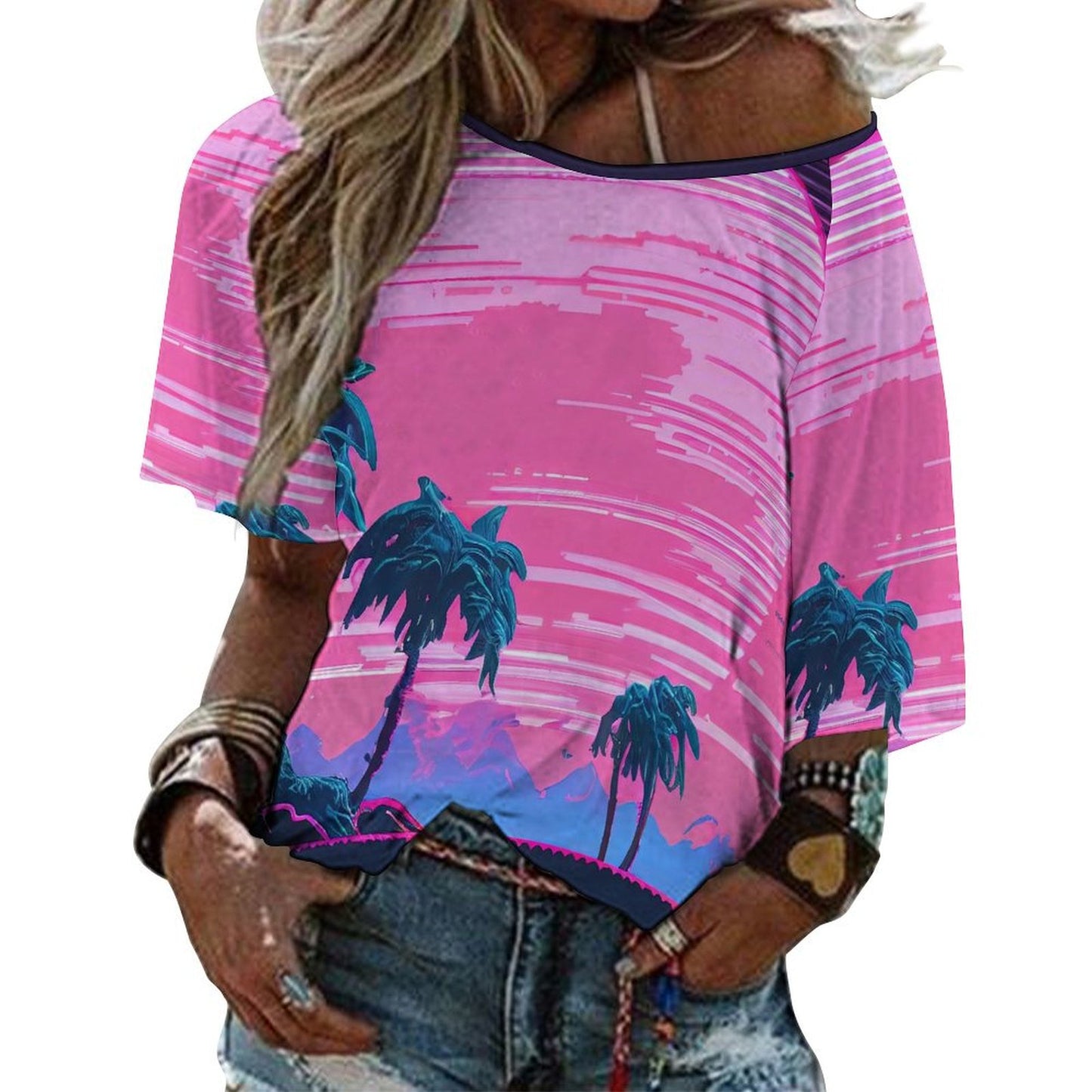 Custom Women's Off-Shoulder T-Shirt | Loose Fit Ribbed Top