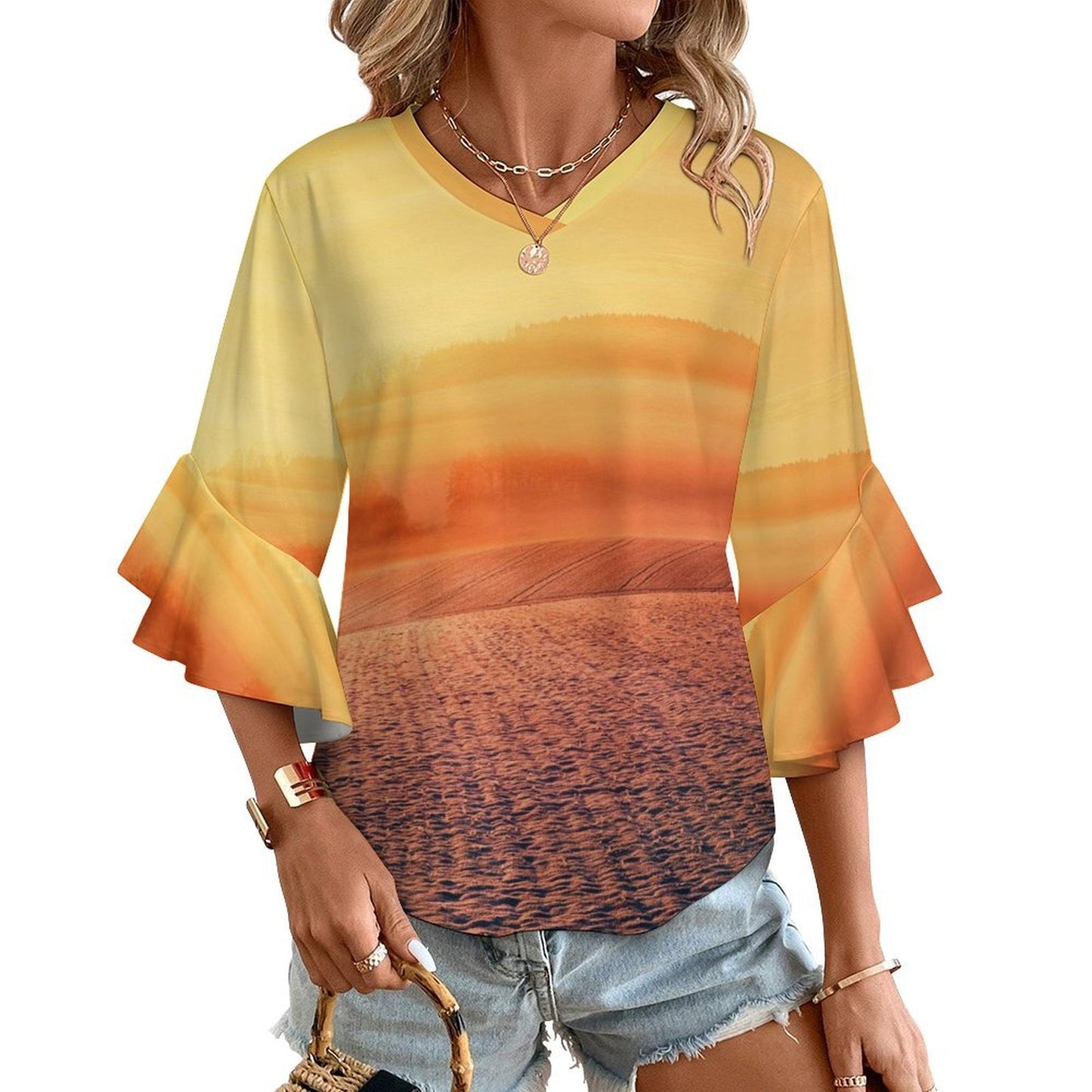 Custom Ruffle Bell Sleeve Top | Women's V-Neck Blouse