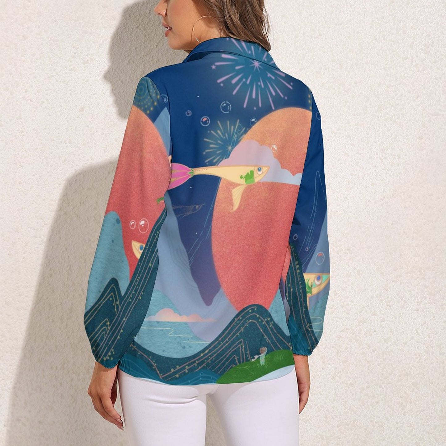 Custom Women's Retro V-Neck Blouse | Personalized Long Sleeve Top