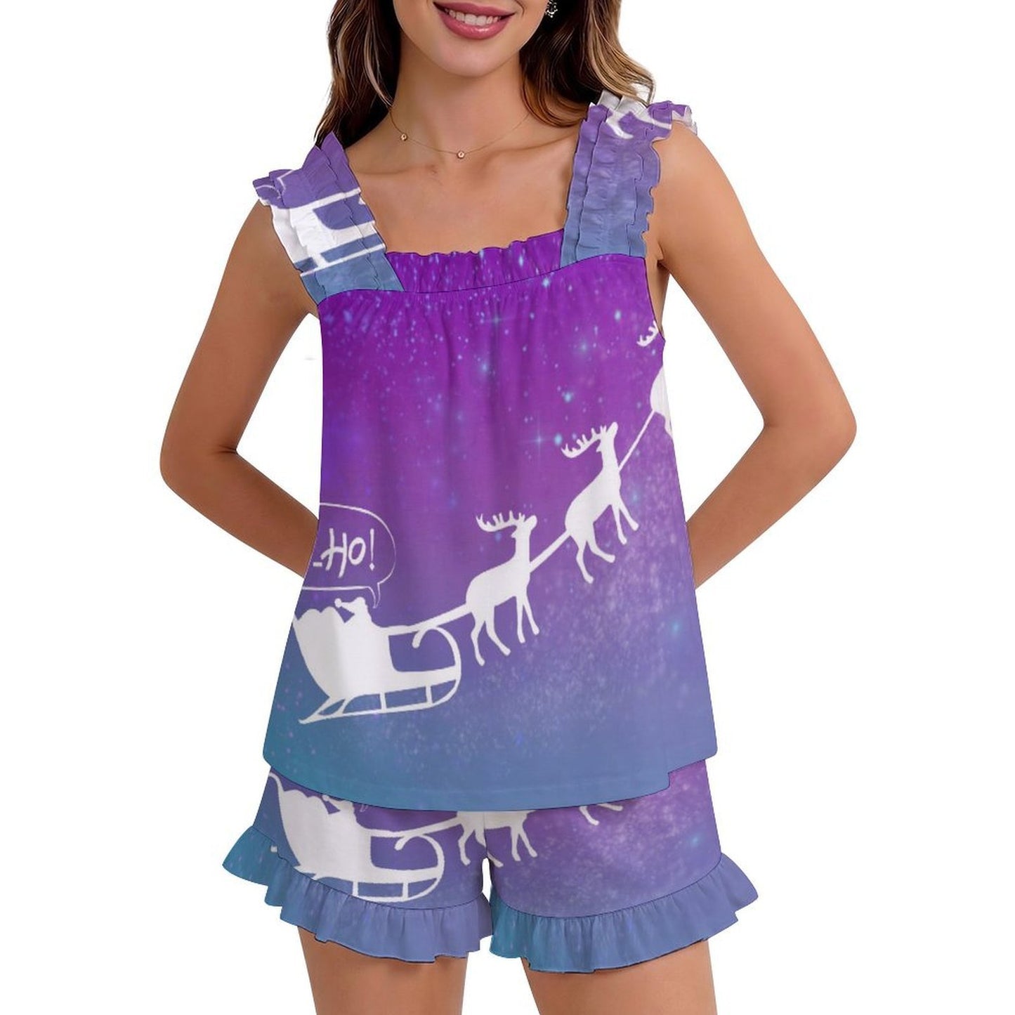 Custom Ruffle Strap Cami and Shorts Pajama Set for Women — S to 5XL