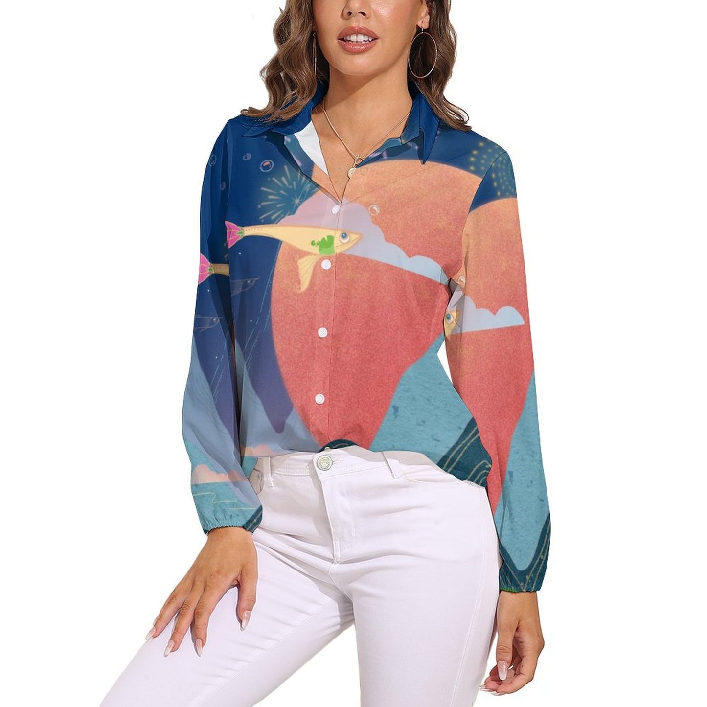 Custom Women's Retro V-Neck Blouse | Personalized Long Sleeve Top