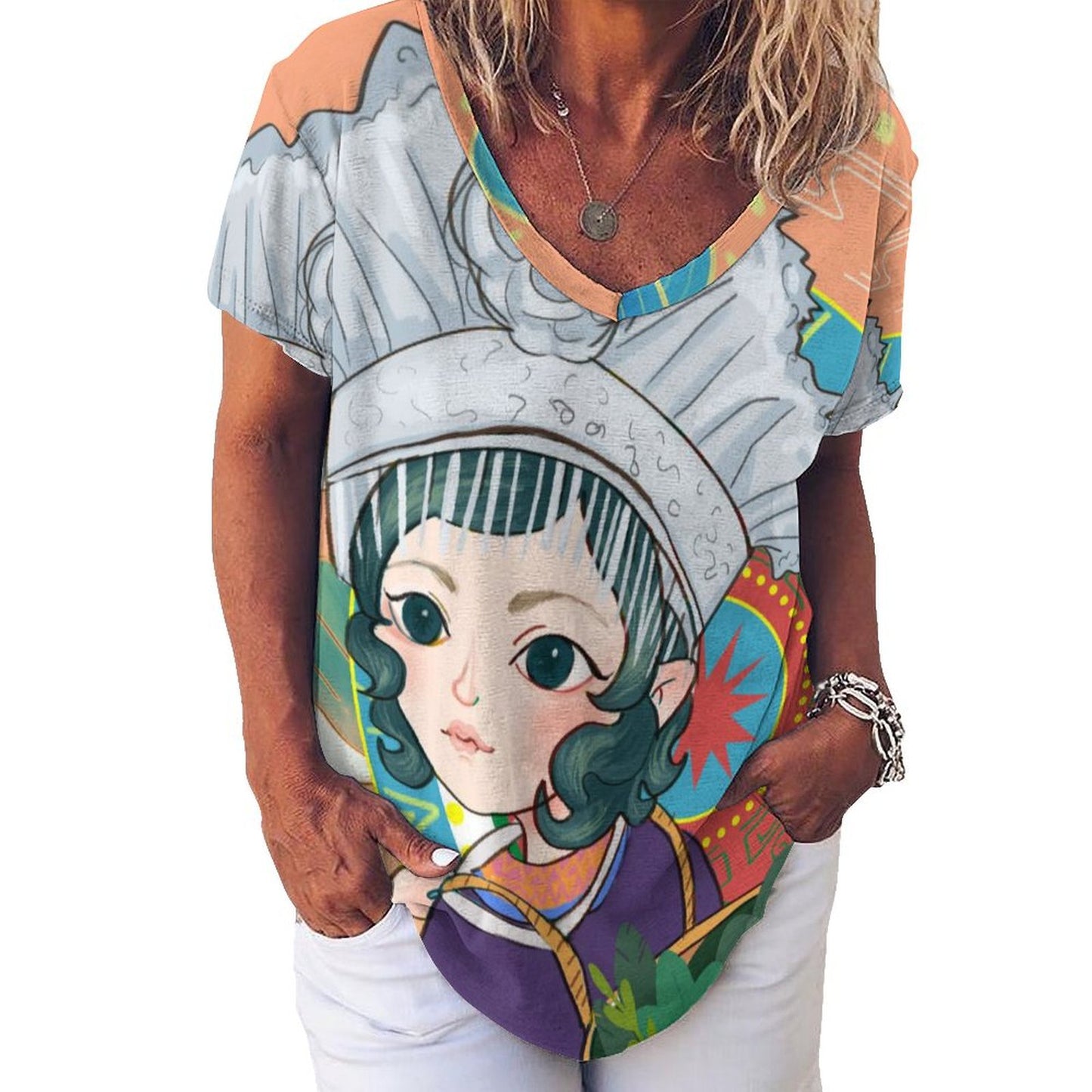 Custom V-Neck T-Shirt with Photo | Personalized Ice Silk Tee for Women