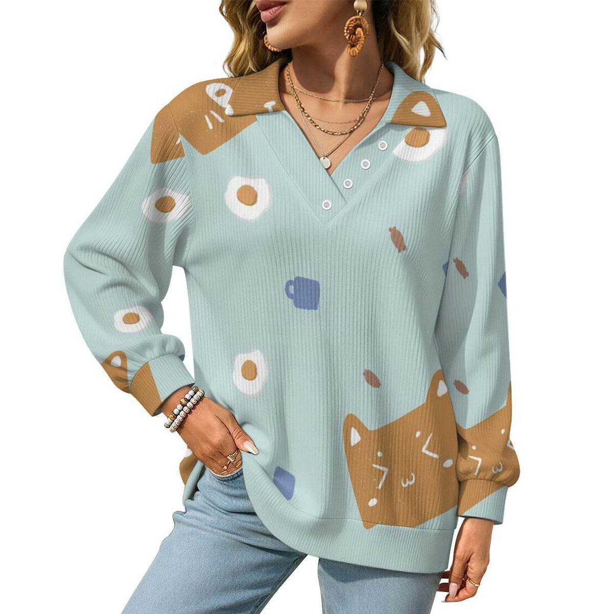 Women's V-Neck Sweater with Textured Knit and Custom Print Option