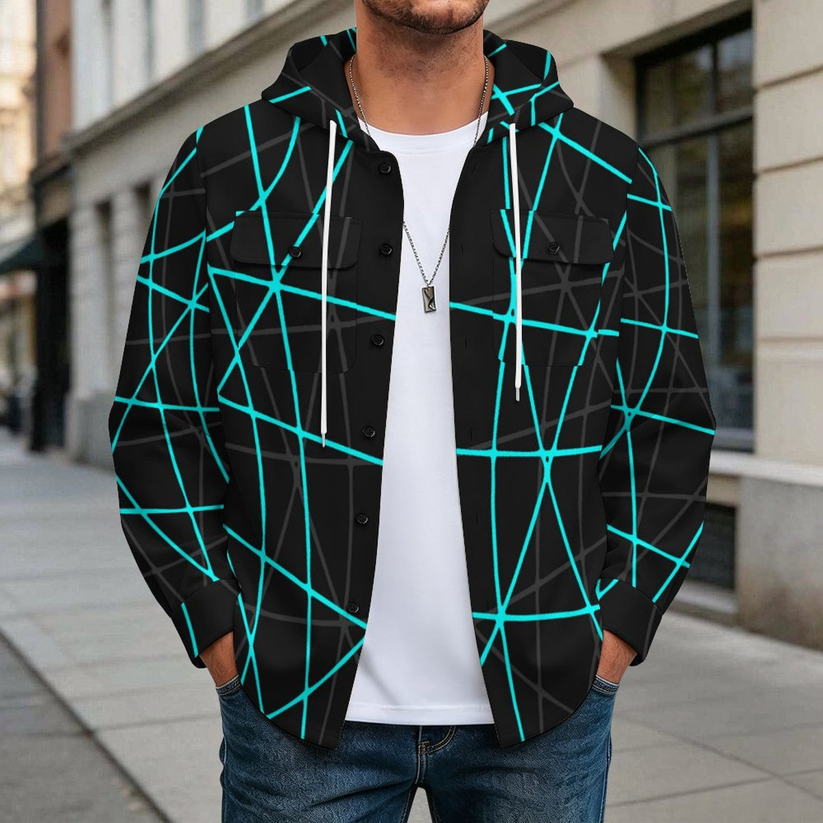 Custom Hooded Shirt Jacket for Men with All-Over Print