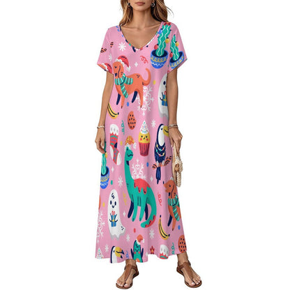 Short Sleeved V-neck Dress Dinosaurs, Ghosts, Party