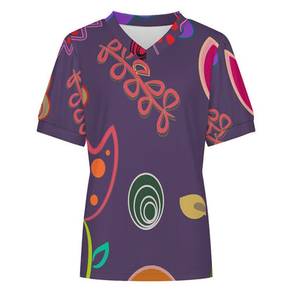 Women’s V-Neck Puff Sleeve T-Shirt in Small Rib Knit Fabric with Custom Heat Transfer Print