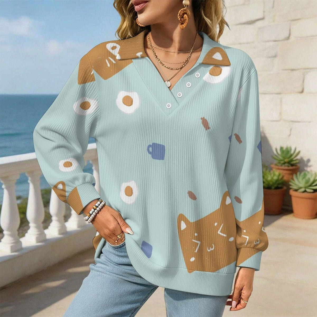 Women's V-Neck Sweater with Textured Knit and Custom Print Option