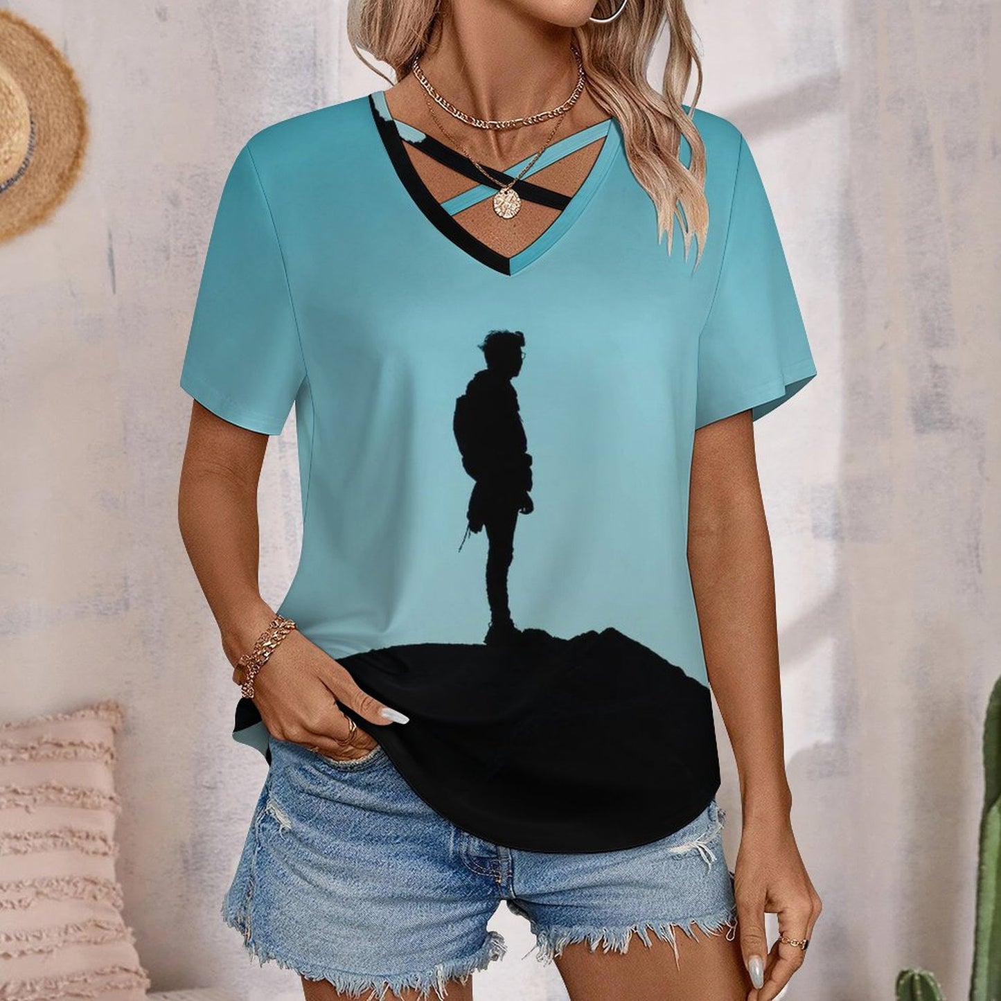 Custom Cross-Front V-Neck T-Shirt | Personalized Milk Silk Summer Top