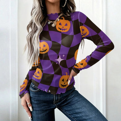 High Neck Long Sleeve Mesh Top for Women