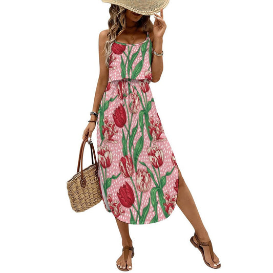 Custom Printed Spaghetti Strap Side Slit Maxi Dress