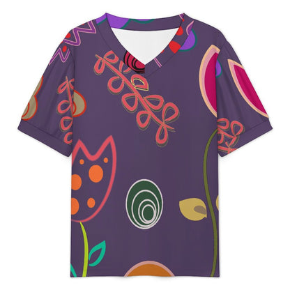 Women’s V-Neck Puff Sleeve T-Shirt in Small Rib Knit Fabric with Custom Heat Transfer Print