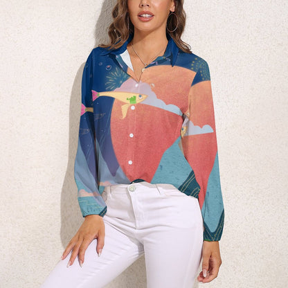 Custom Women's Retro V-Neck Blouse | Personalized Long Sleeve Top