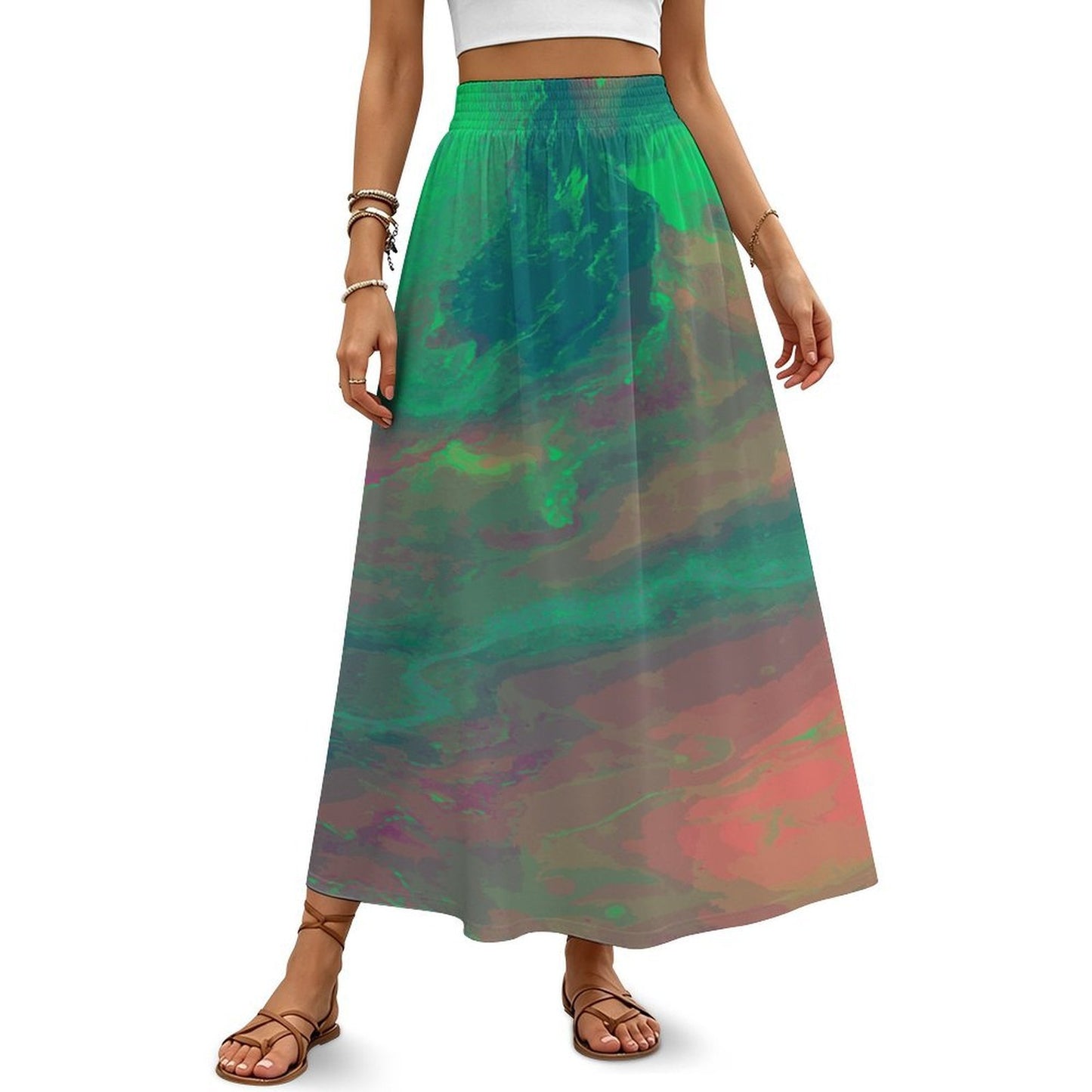 Women’s High Waist Elastic Milk Silk Skirt with Gathered Waist and Custom Heat Transfer Print