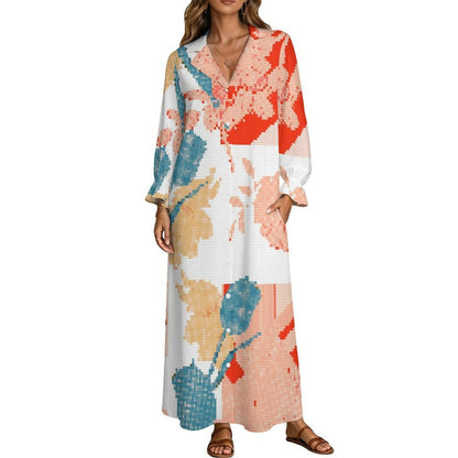 Custom Printed Blazer Collar Shirt Dress for Women - Long Sleeve Stretch Maxi Dress