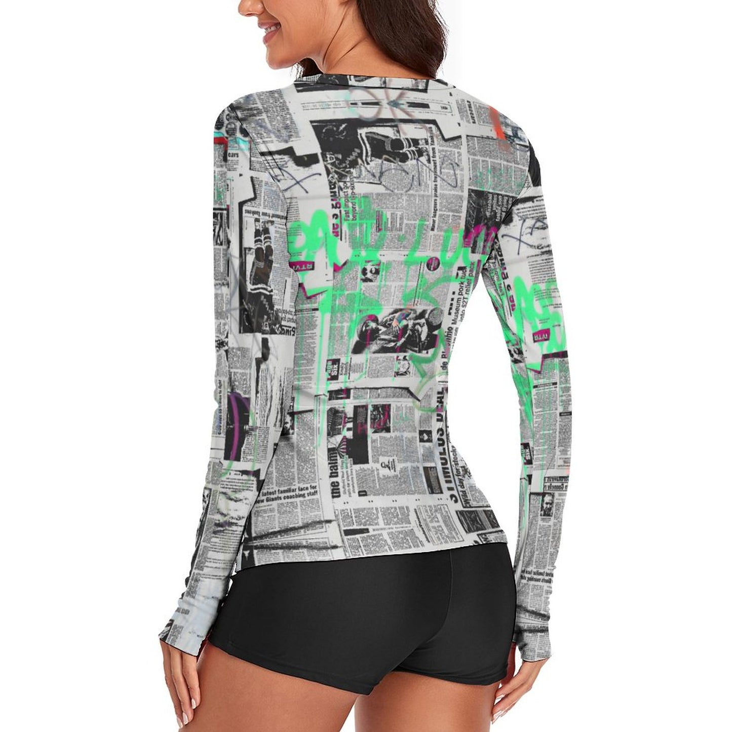 Women's Long Sleeve T-Shirt Newspaper Graffiti