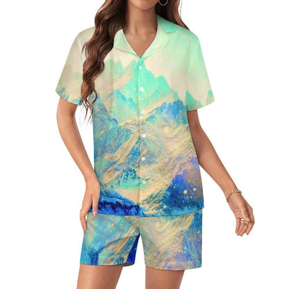 Women's Personalized Satin Pajama Set with Cuban Collar and Short Sleeves