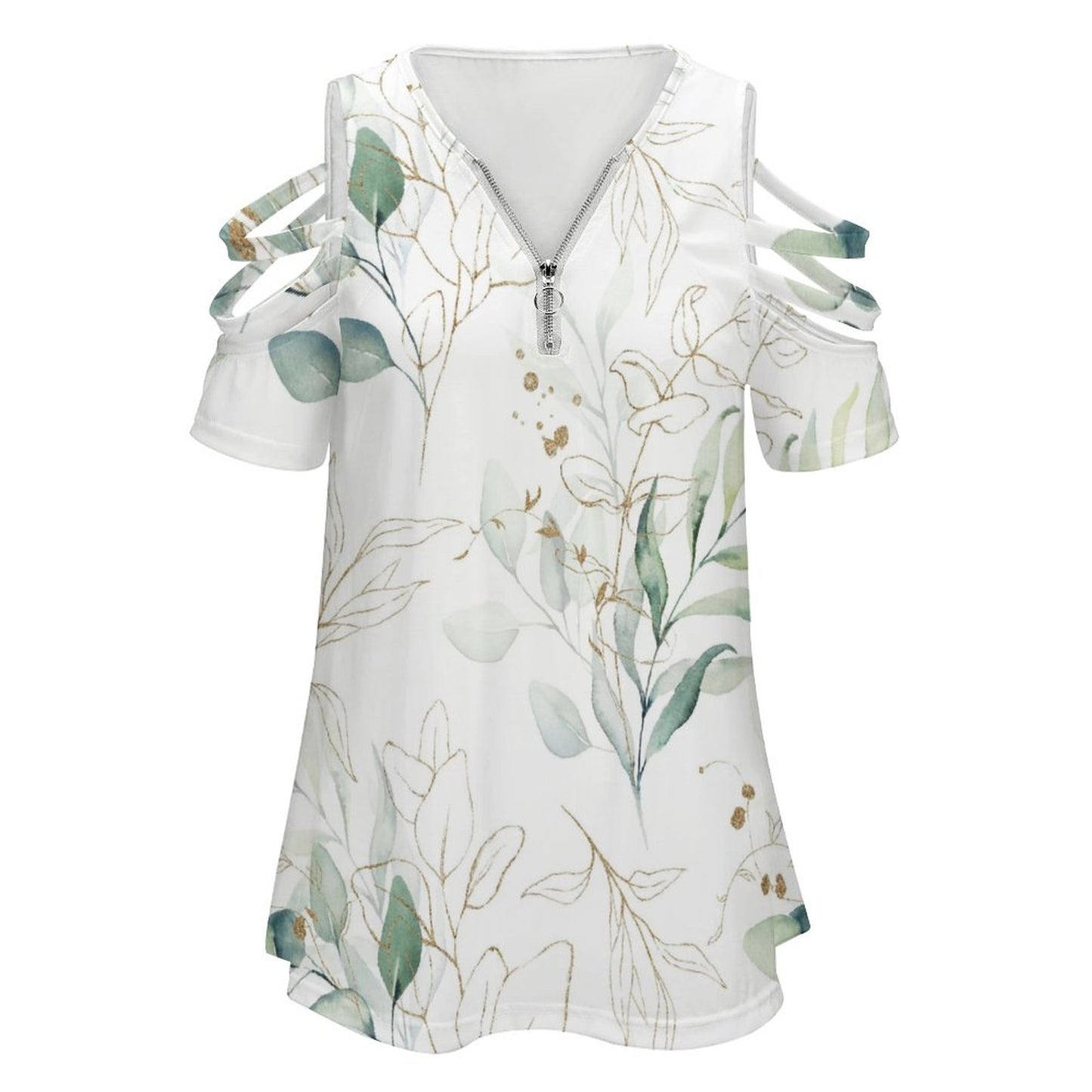 Custom Printed Zip-Front Cold Shoulder Tunic Top