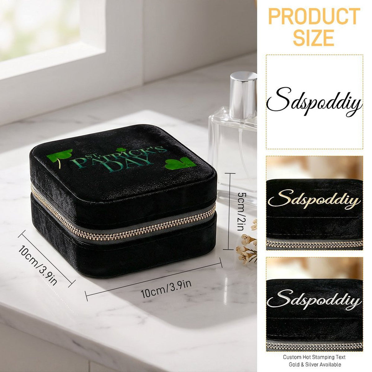 Personalized Square Velvet Jewelry Box with Mirror and Zipper Closure