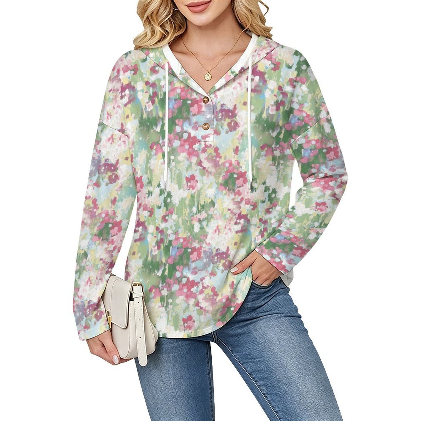 Custom V-Neck Button Hooded Sweatshirt for Women
