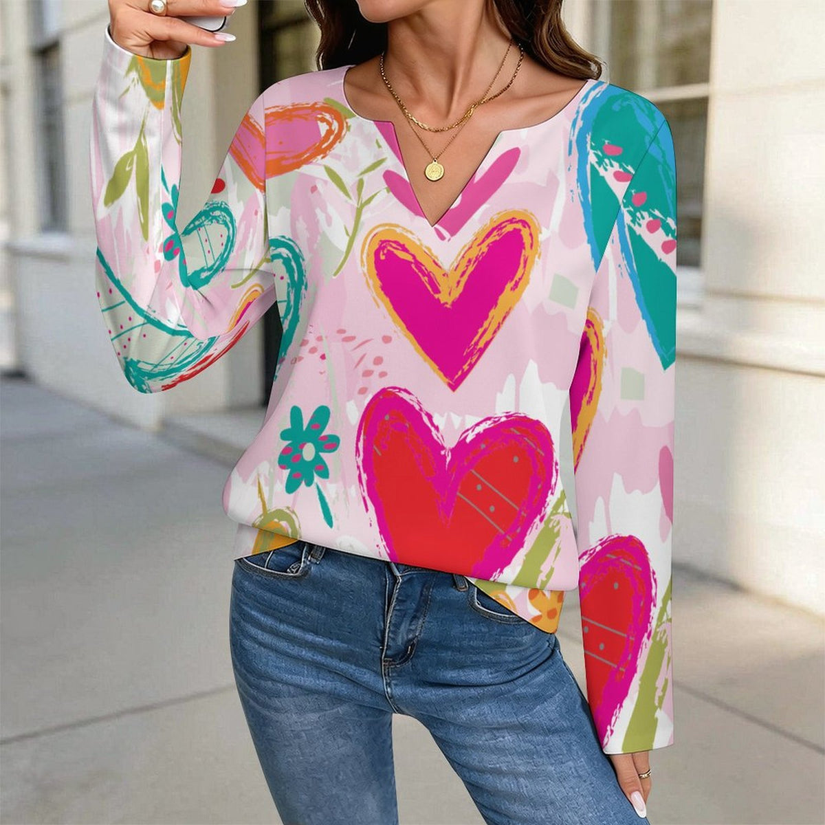 Women's Custom V-Neck Long Sleeve Top with Personalized Print