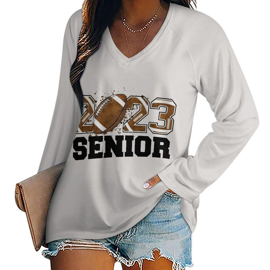 Custom Double V-Neck Loose T-Shirt | Women's Long Sleeve Top (S-5XL)