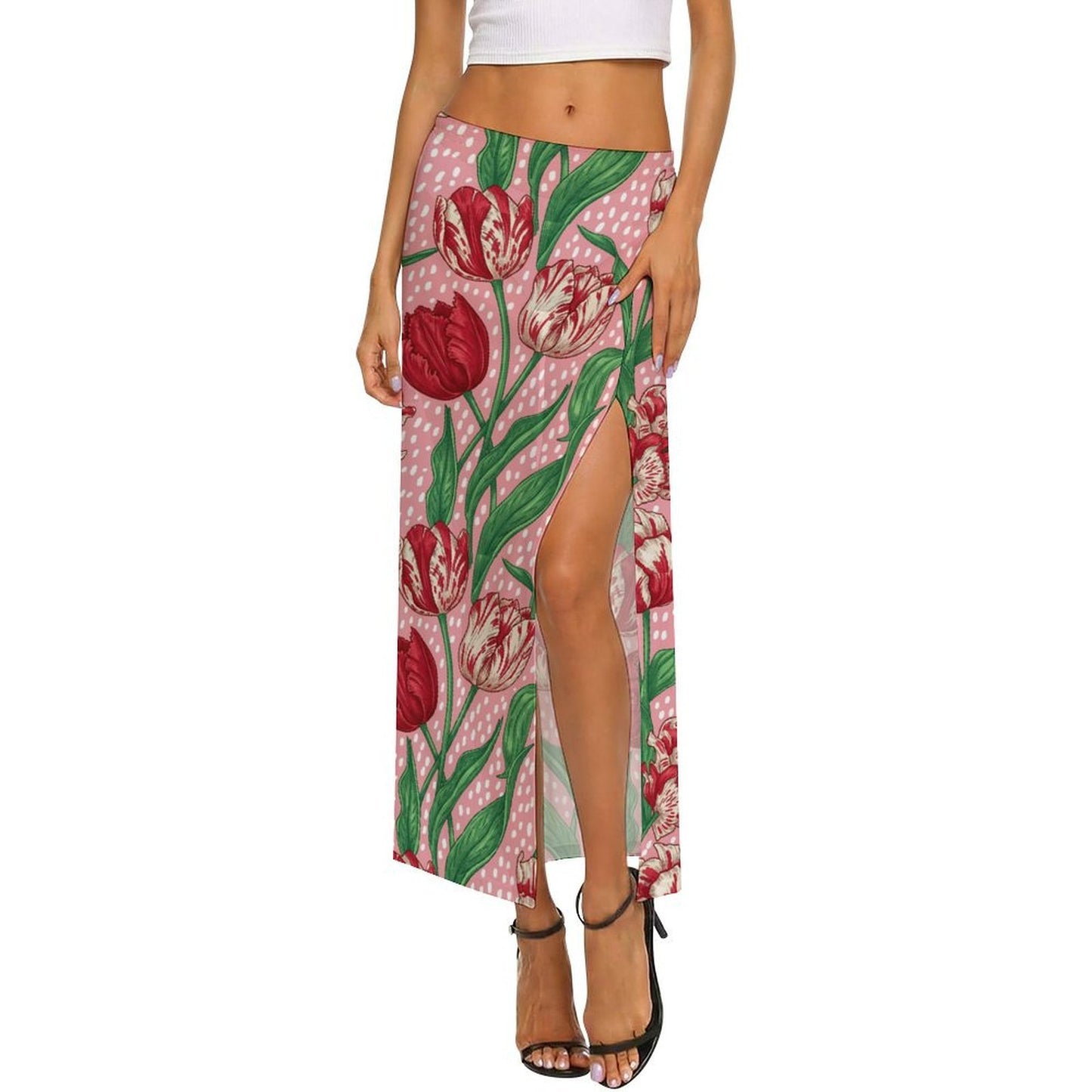 Custom Printed Sheer Mesh Slit Maxi Skirt Cover-Up
