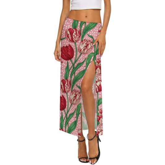 Custom Printed Sheer Mesh Slit Maxi Skirt Cover-Up
