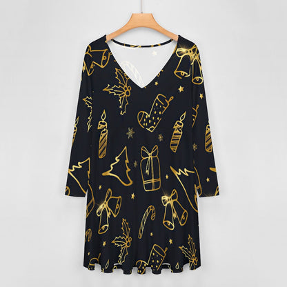 Custom Plus Size V-Neck Dress | Long Sleeve Midi T-Shirt Dress (S-8XL)