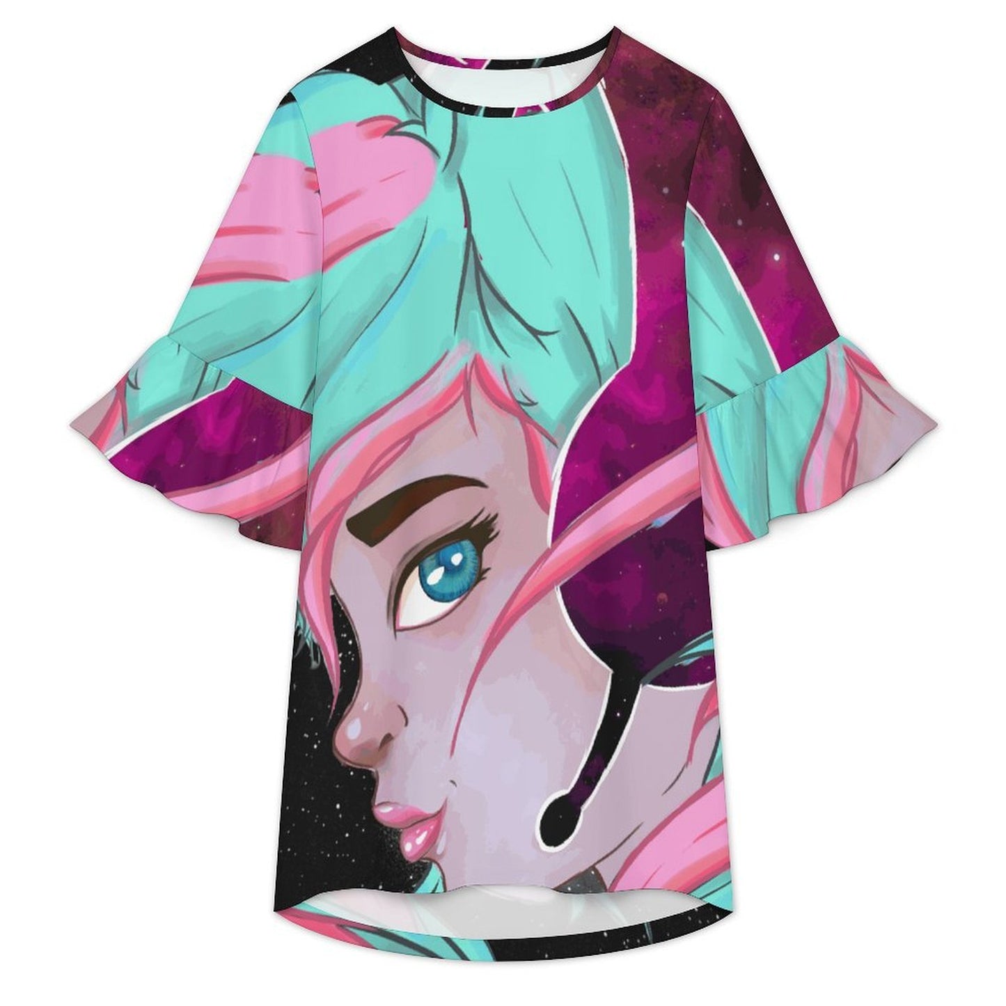 Women's Ruffle Sleeve Dress with Custom Print — Lightweight Stretch Fabric, Round Neck, XS to 5XL