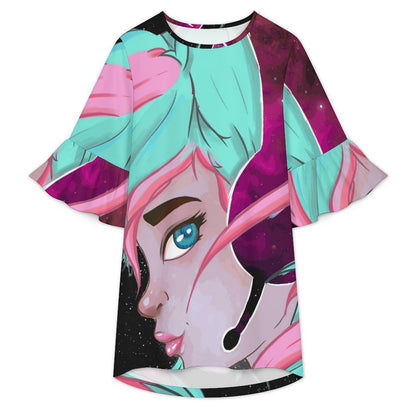 Women's Ruffle Sleeve Dress with Custom Print — Lightweight Stretch Fabric, Round Neck, XS to 5XL