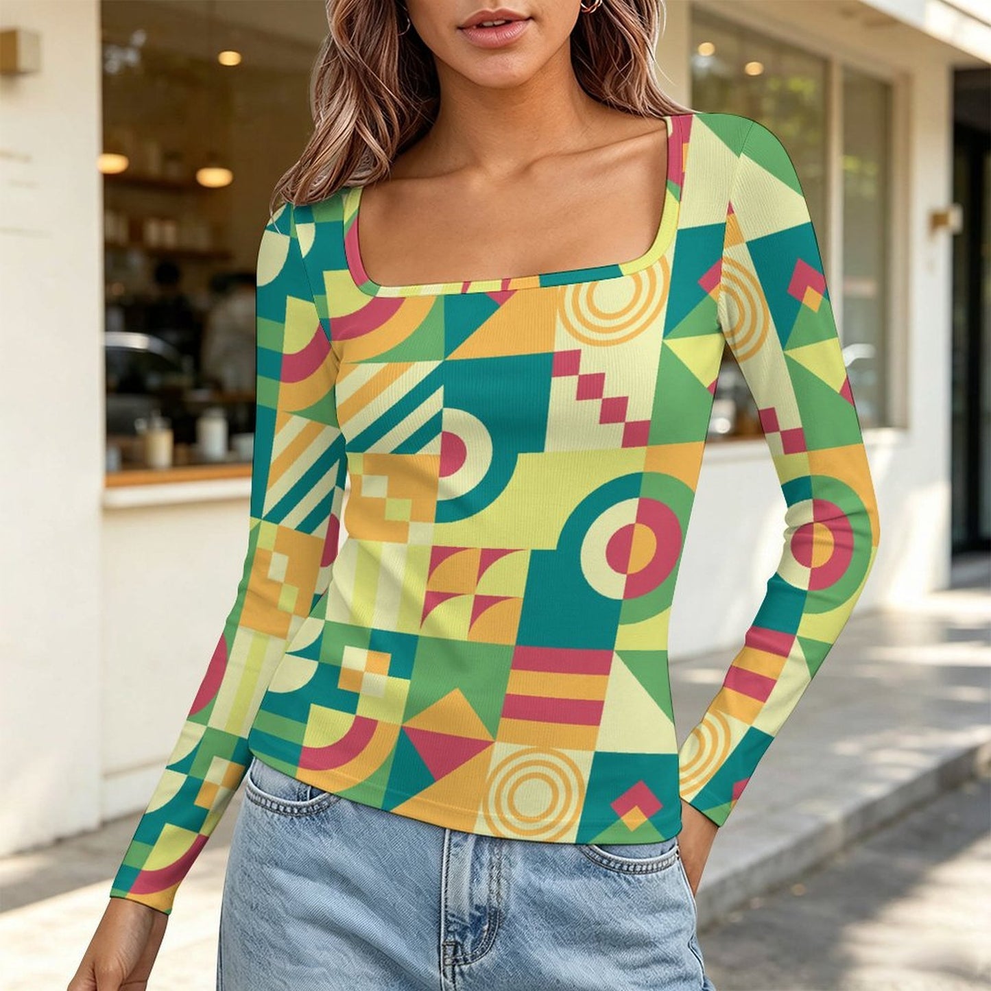 Women's Square Neck Long Sleeved Shirt Green, Puzzle, Abstract Pattern
