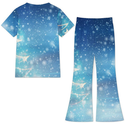 Custom Print Girls Flare Pants Set - Personalized Short Sleeve Summer Outfit