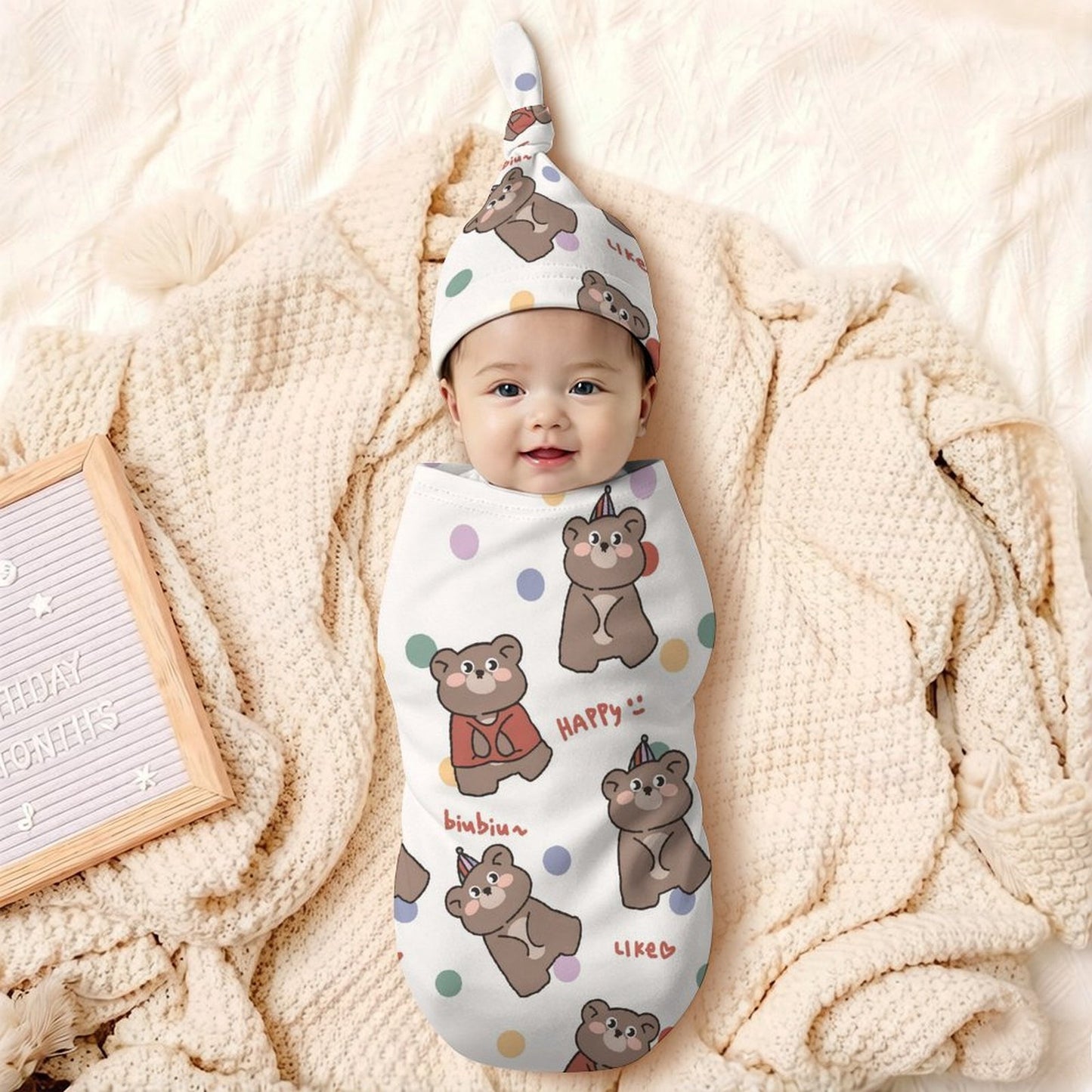 Custom Printed Cotton Baby Swaddle and Hat Set