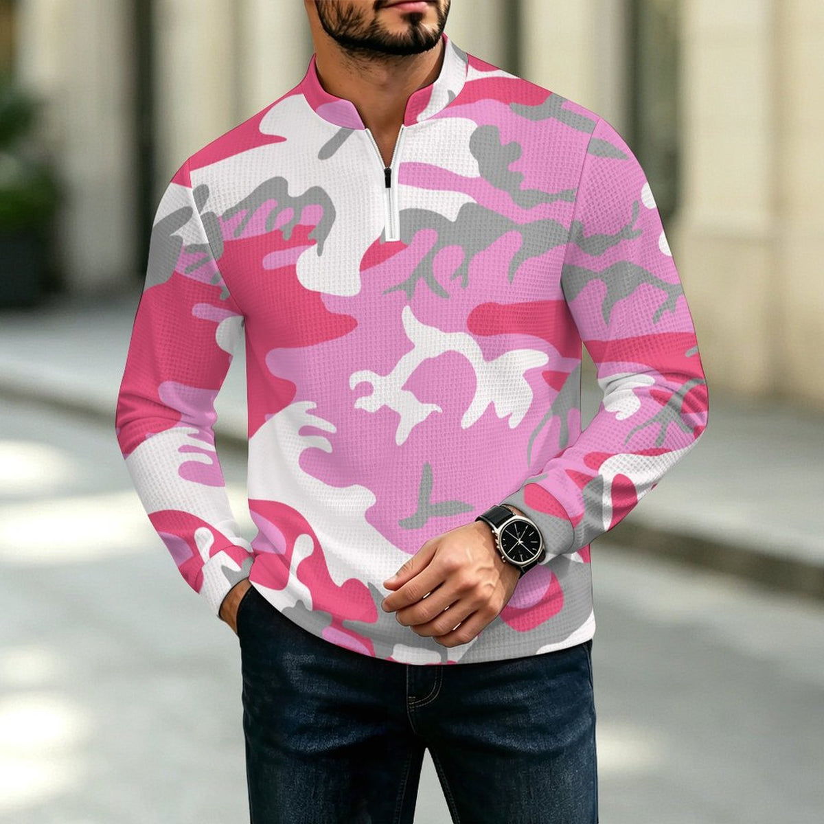 Men's Waffle Knit Quarter-Zip Mock Neck Pullover with Custom Heat Transfer