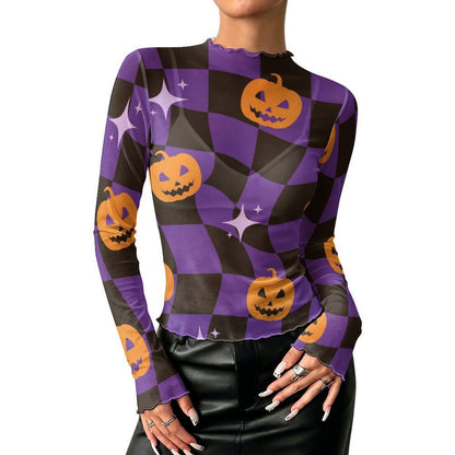 High Neck Long Sleeve Mesh Top for Women