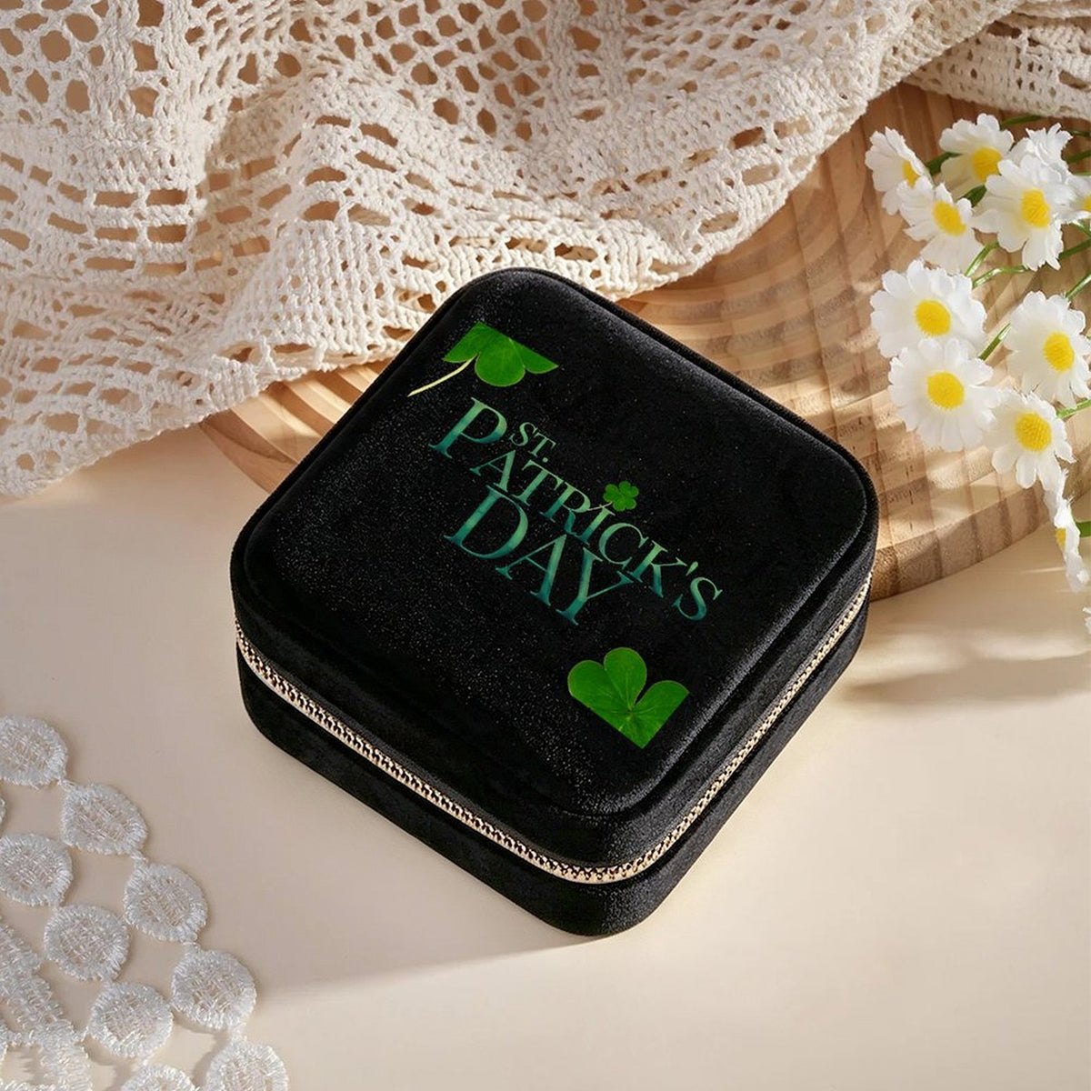Personalized Square Velvet Jewelry Box with Mirror and Zipper Closure