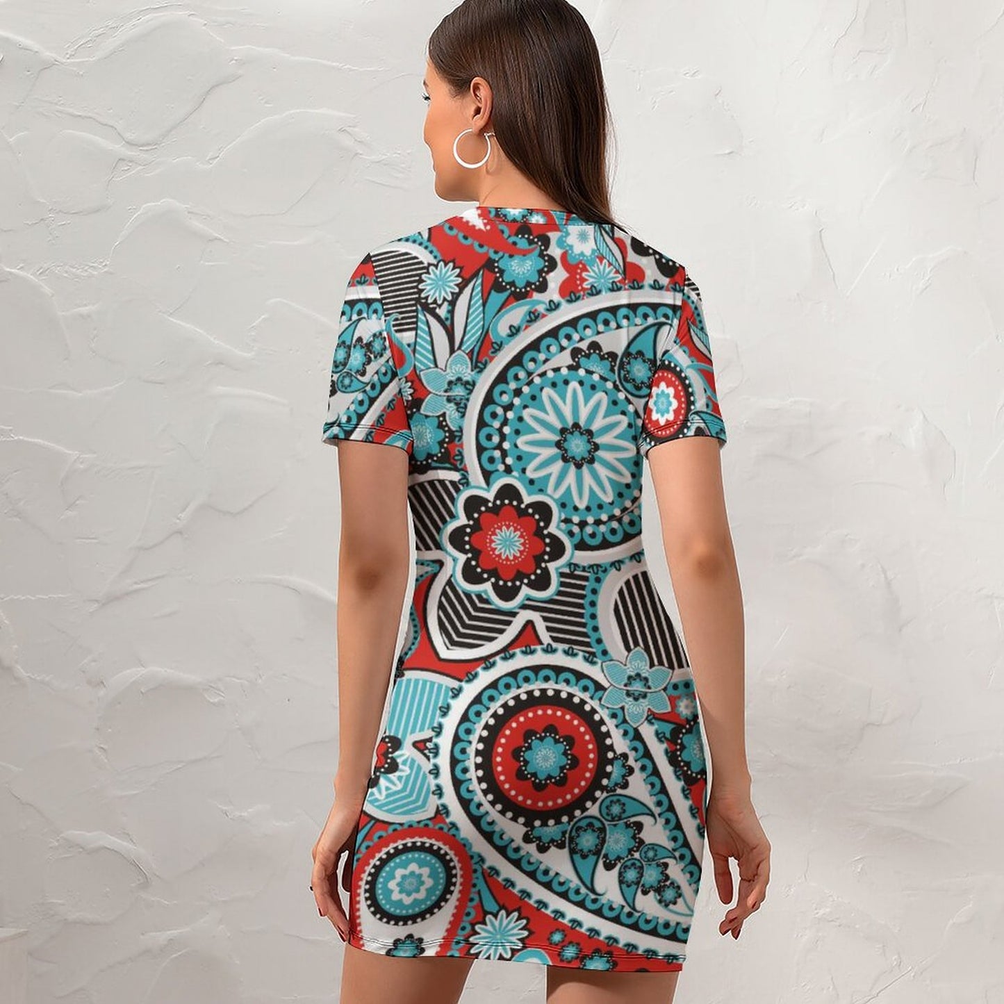 Short Sleeve Bodycon Dress Custom Print | Pullover Knee Length Fitted